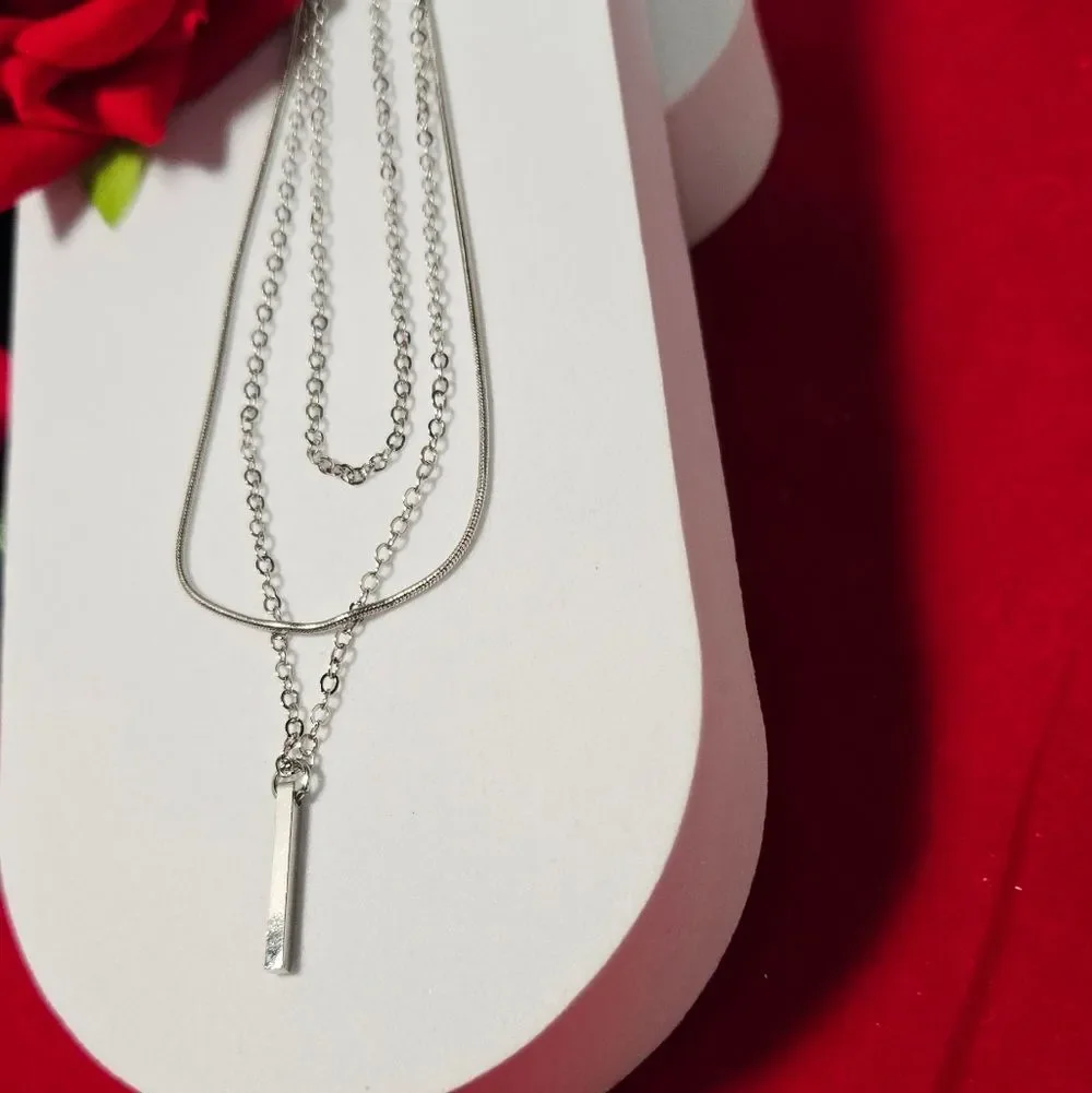 Sleek Silver Bar Pendant Multi-Layer Necklace Snake & Cable Chains Stacked NWT